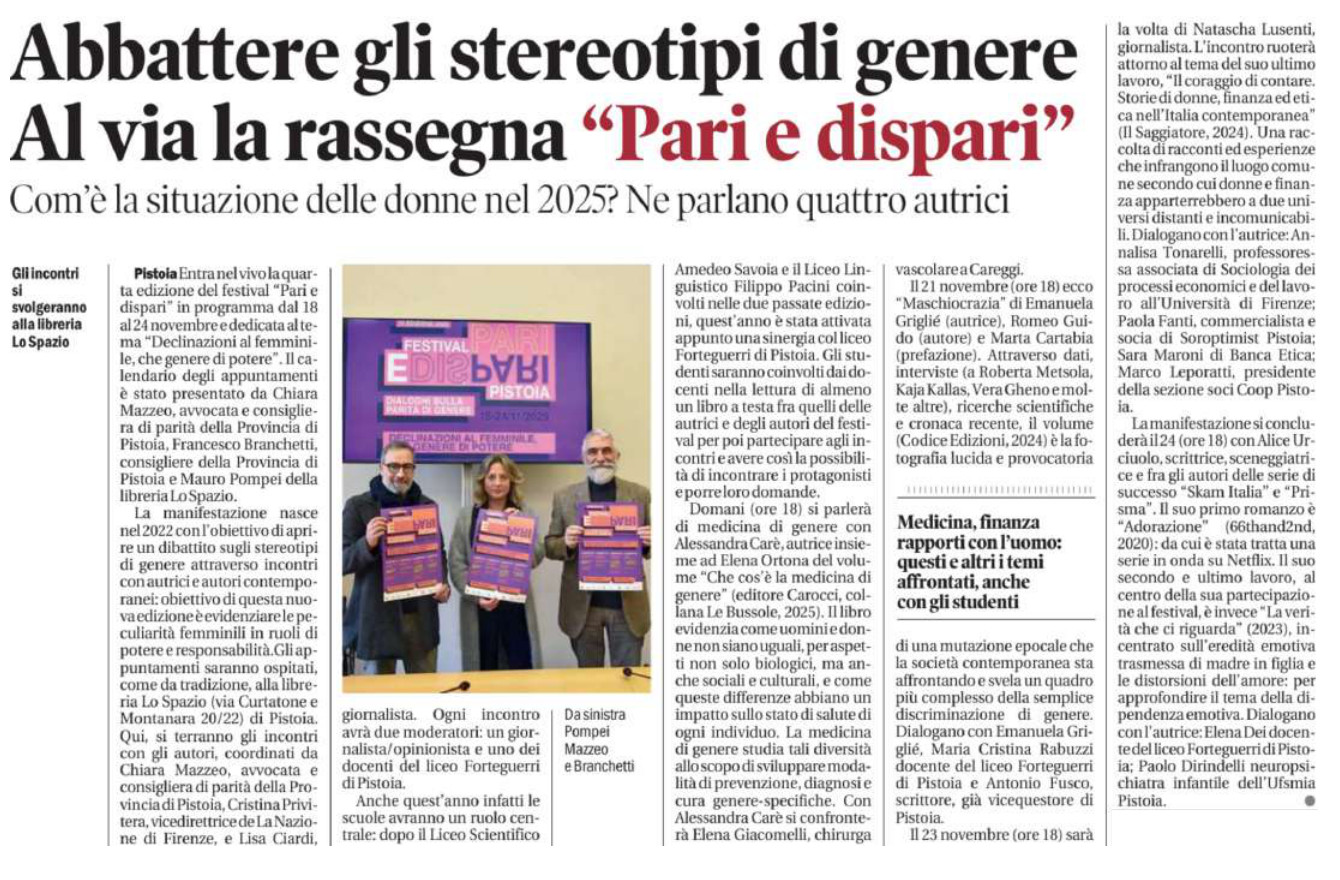 Articolo di Il Tirreno – Pistoia del 17 novembre 2025 sul Festival Pari e Dispari 2025