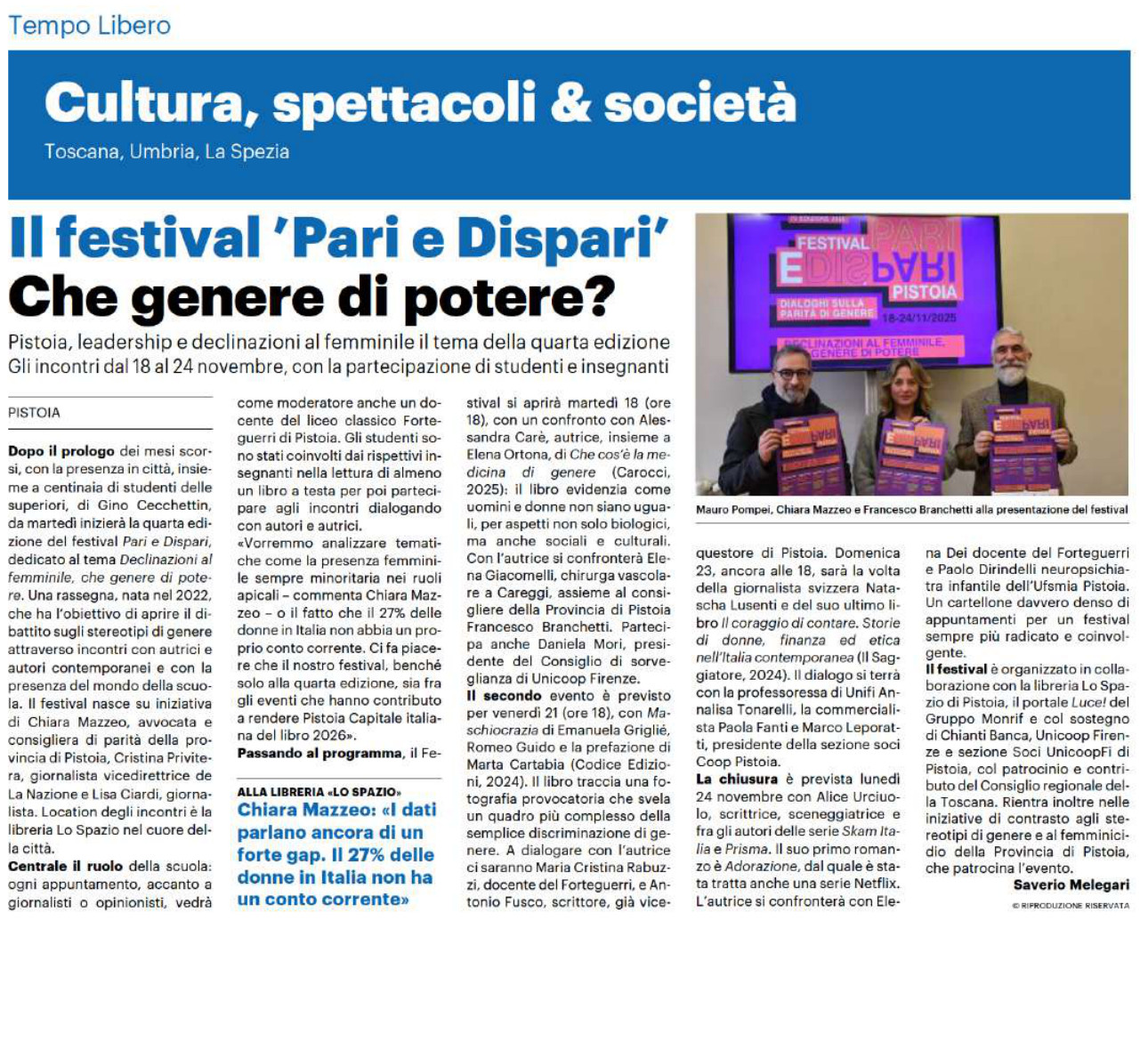 Articolo di La Nazione del 15 novembre 2025 sul Festival Pari e Dispari 2025