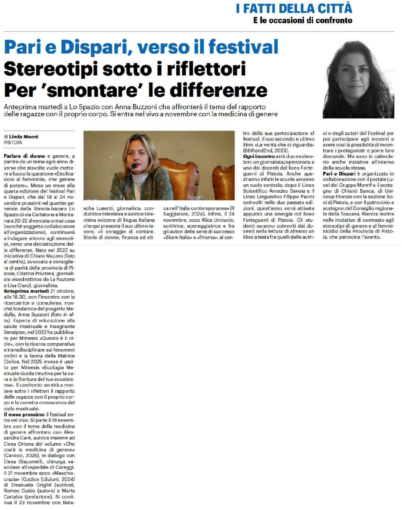 Articolo di La Nazione – Pistoia del 19 ottobre 2025 sul Festival Pari e Dispari 2025