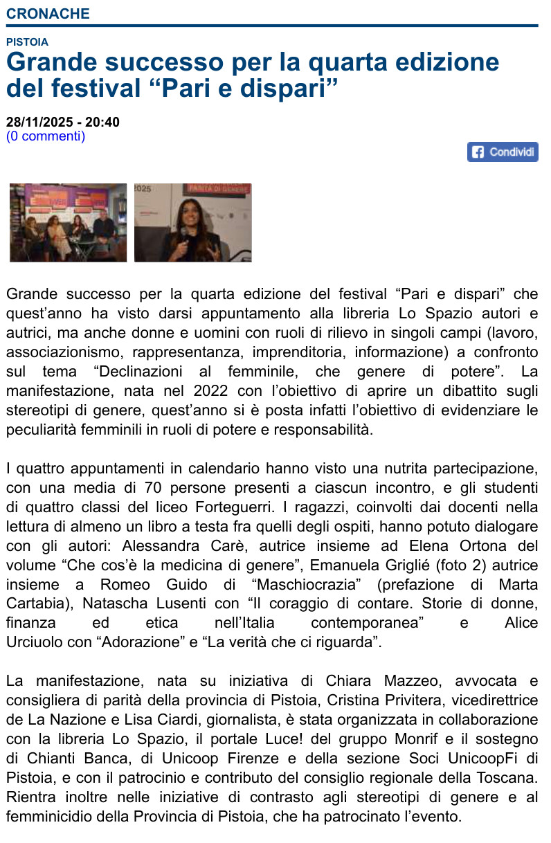 Articolo di La Voce di Pistoia del 28 novembre 2025 sul Festival Pari e Dispari 2025