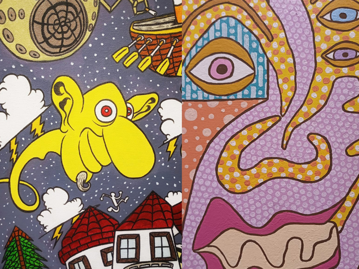 Immagine di Intripparte: due opere colorate affiancate, con figure e motivi grafici